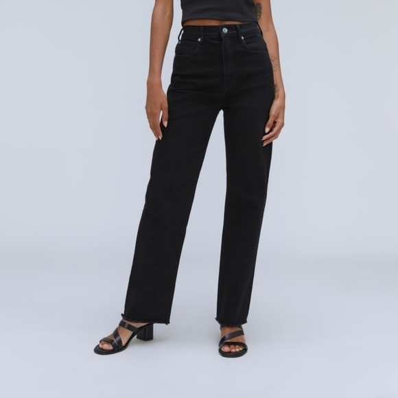 Everlane Jean Black The Way High Coal Straight Fray Raw Hem Crop Denim - Picture 1 of 14